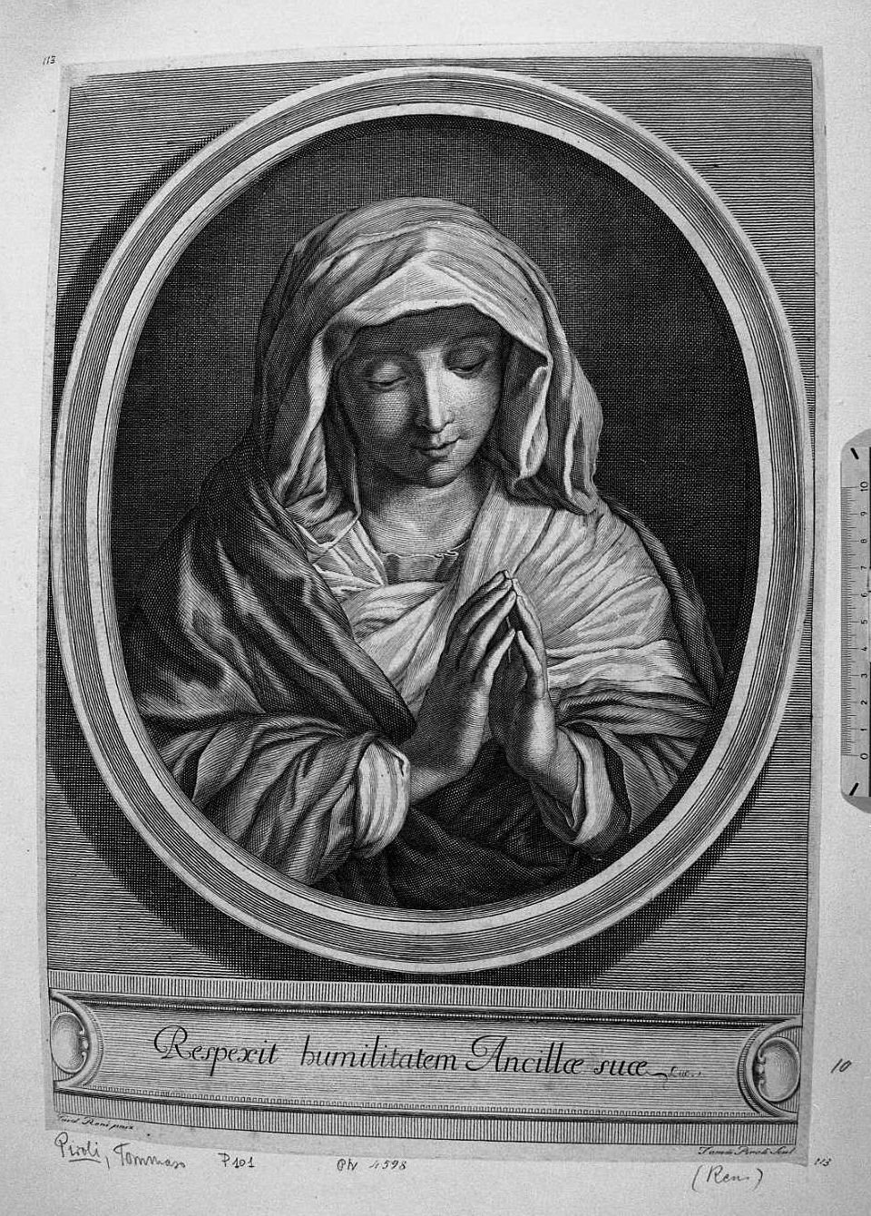 La Vergine in atto di pregare (stampa tagliata) di Reni Guido, Piroli Tommaso (secc. XVIII/ XIX)