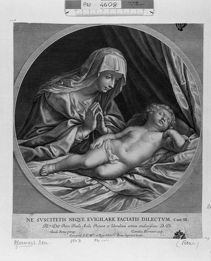 La Vergine che guarda il Bambino che dorme (stampa smarginata) di Reni Guido, Bloemaert Cornelis il Giovane (sec. XVII)