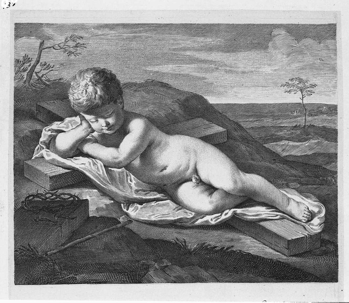 Il Bambino dormiente sulla croce (stampa tagliata) di Reni Guido, Gandolfi Gaetano (sec. XVIII)