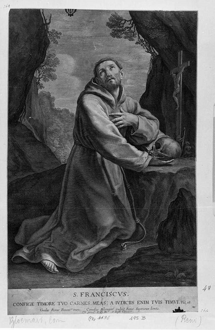 San Francesco in orazione (stampa smarginata) di Reni Guido, Bloemaert Cornelis il Giovane (sec. XVII)