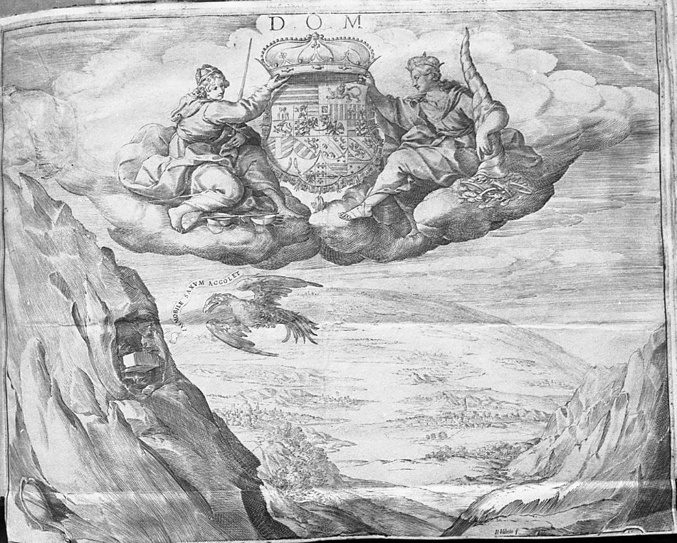Stemma di casa d'Austria sostenuto da Giustizia e Abbondanza (stampa) di Valesio Giovanni Luigi (secc. XVI/ XVII)