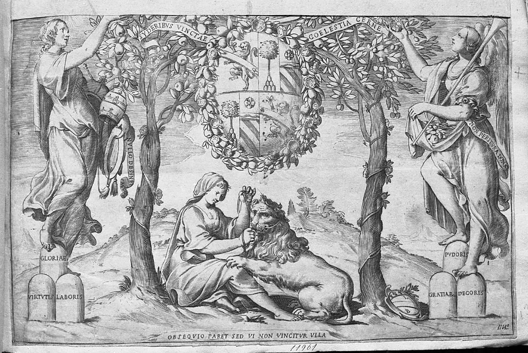 Stemma inquartato: Peretti; Cesi; Orsini; Savelli (stampa) di Valesio Giovanni Luigi (secc. XVI/ XVII)