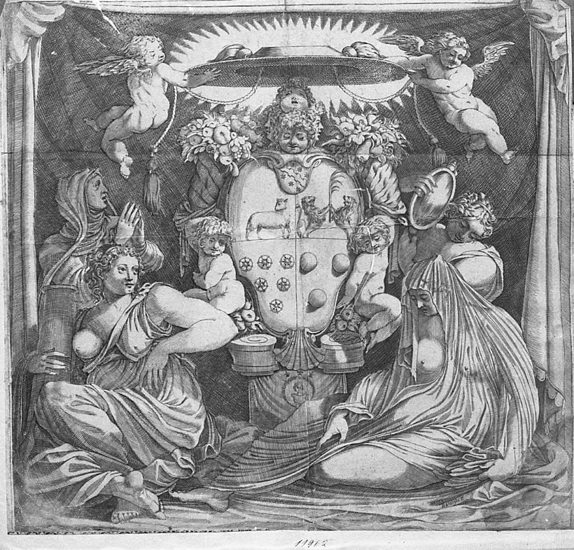Stemma del cardinale P. Emilio Zacchia con stemma Aldobrandini tra Pietà, Forza (stampa) di Valesio Giovanni Luigi (secc. XVI/ XVII)