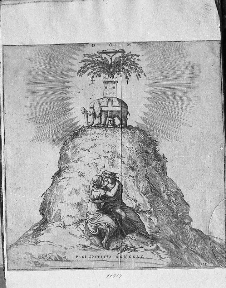 Allegoria con la Pace e la Giustizia e lo stemma del cardinale Fantuzzi (stampa) di Valesio Giovanni Luigi (secc. XVI/ XVII)