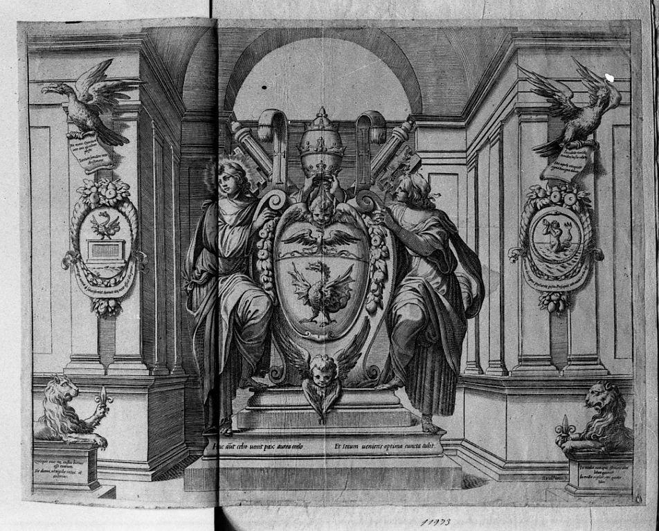 Armi di Paolo V (Borghese) entro padiglione fra figure allegoriche (stampa) di Valesio Giovanni Luigi (secc. XVI/ XVII)