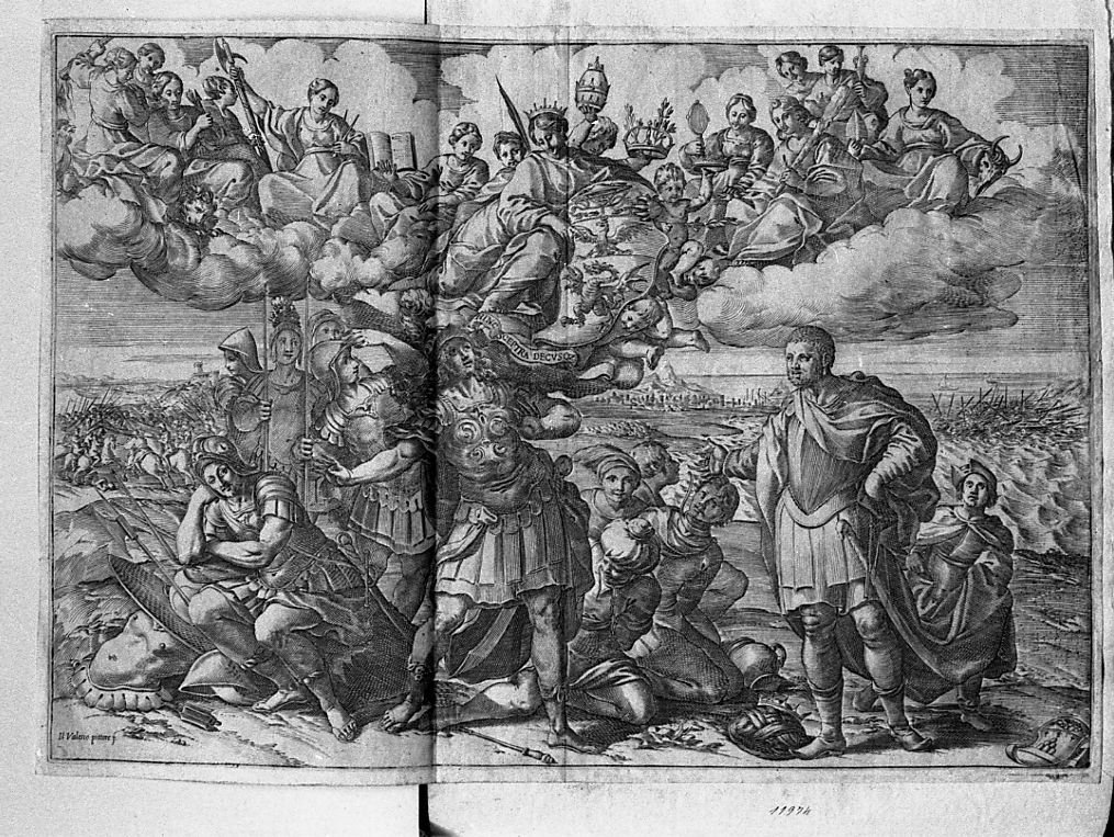 Un principe offre schiavi ad un guerriero che guarda lo stemma del cardinale S. Borghese (stampa) di Valesio Giovanni Luigi (secc. XVI/ XVII)