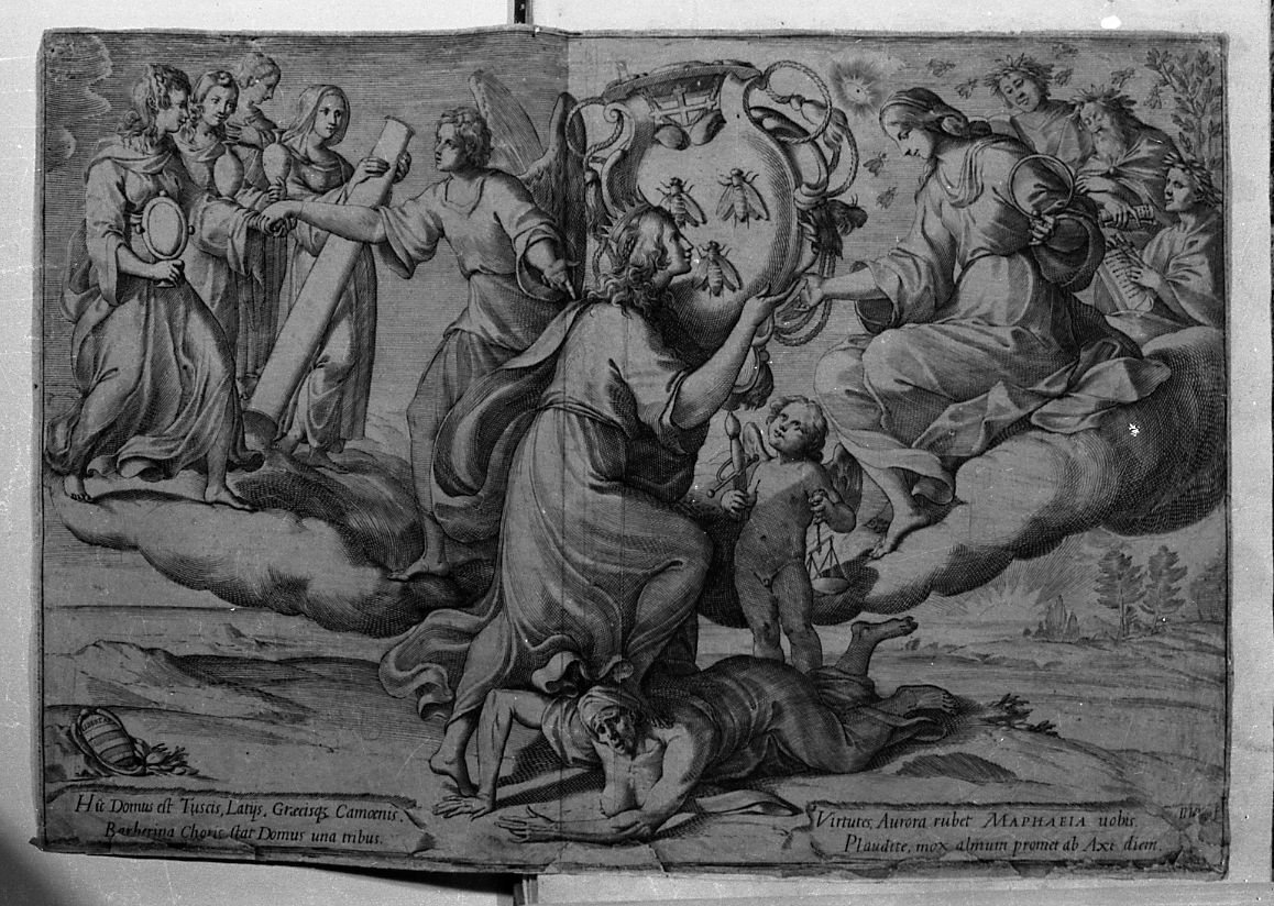 Scena allegorica con un principe che offre lo stemma del cardinale Barbarini all'eternità (stampa) di Valesio Giovanni Luigi (secc. XVI/ XVII)