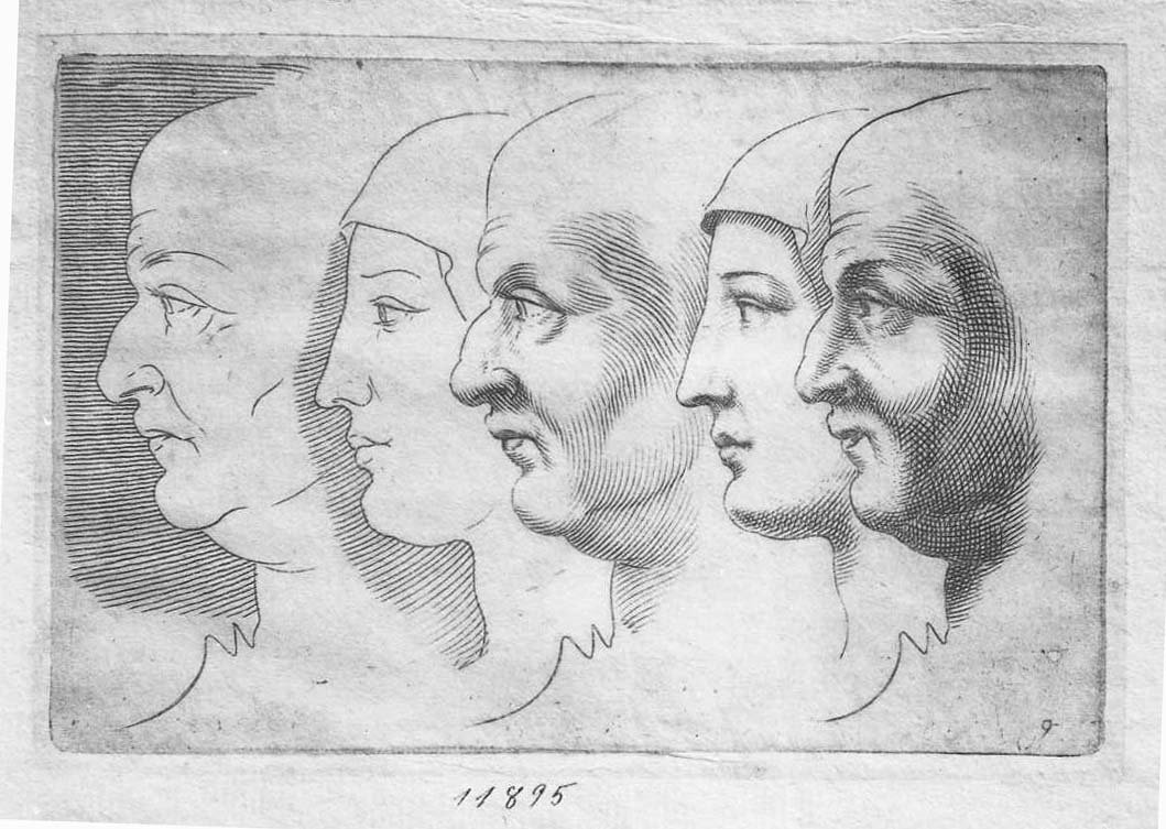 Libro di schizzi: cinque profili, tre maschili, due femminili volti a sinistra (stampa) di Valesio Giovanni Luigi (secc. XVI/ XVII)