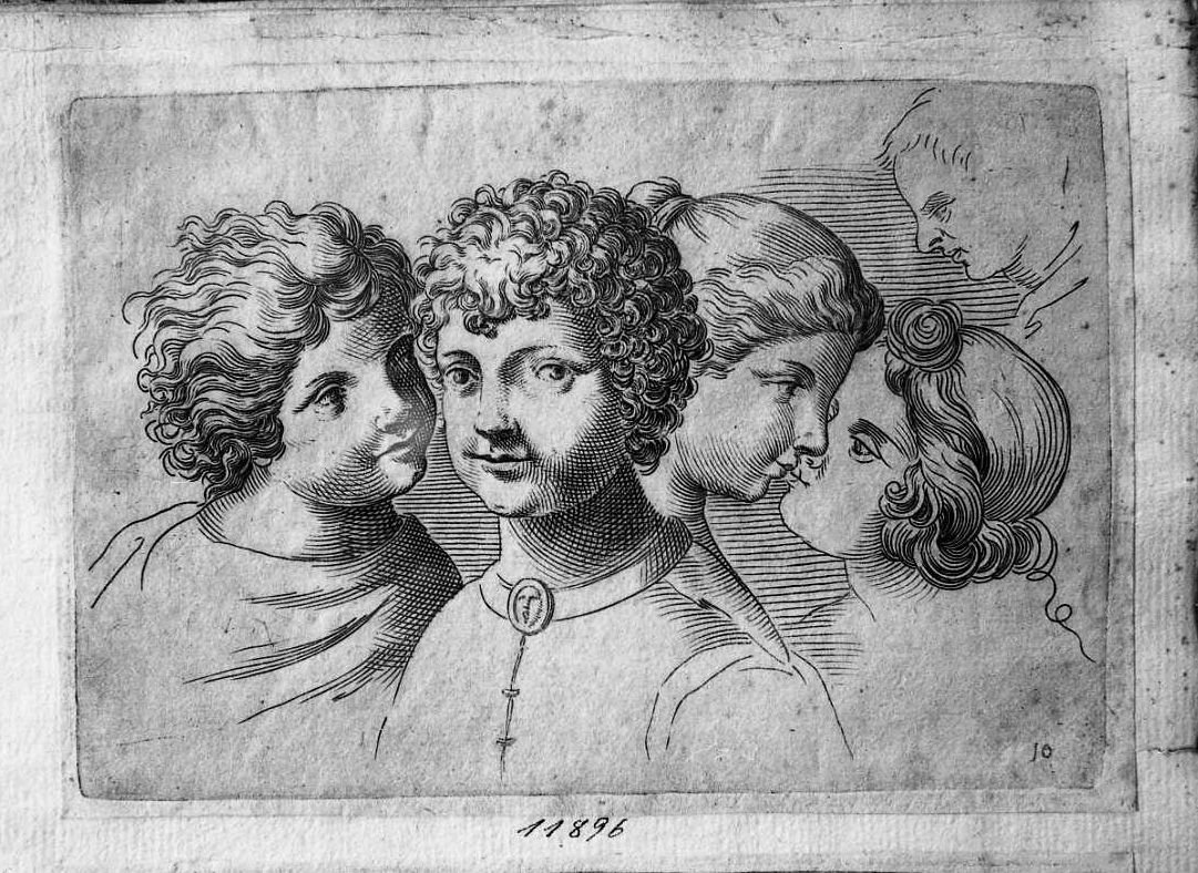 Libro di schizzi: cinque teste di giovinetto in differenti posizioni (stampa) di Valesio Giovanni Luigi (secc. XVI/ XVII)