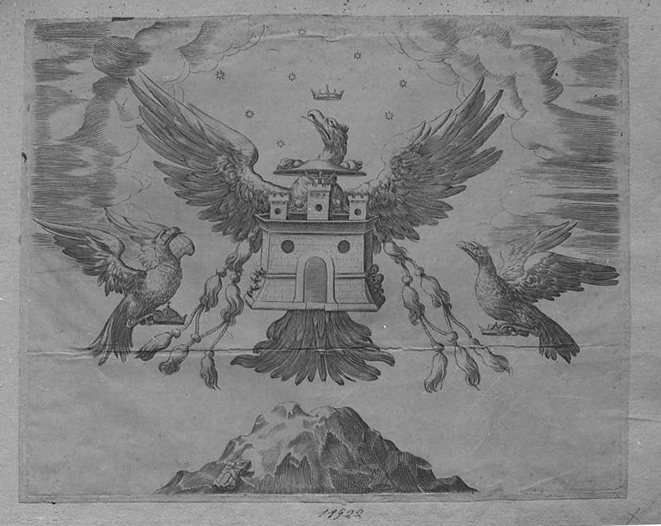 Stemma del cardinale Benedetto Giustiniani retto da aquila incoronata (stampa) di Valesio Giovanni Luigi (secc. XVI/ XVII)