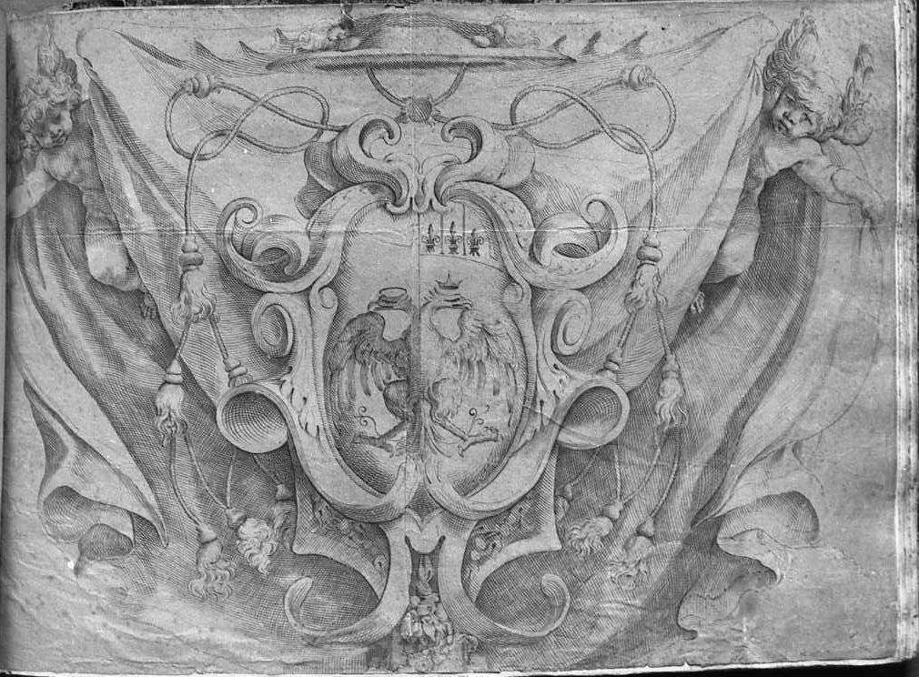 Stema cardinalizio retto da putti su fondo costituito da drappo (stampa smarginata) di Valesio Giovanni Luigi (secc. XVI/ XVII)