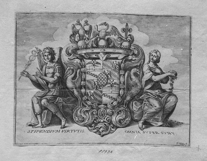Stemma gentilizio con le armi del cardinale e altra famiglia e due figure allegoriche (stampa smarginata) di Valesio Giovanni Luigi (secc. XVI/ XVII)