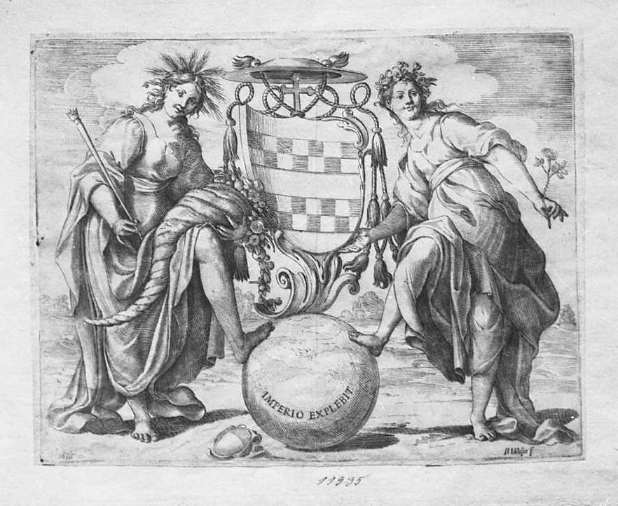 Stemma del cardinale Giacomo Serra tra la Liberalità e la Dolcezza (stampa) di Valesio Giovanni Luigi (secc. XVI/ XVII)