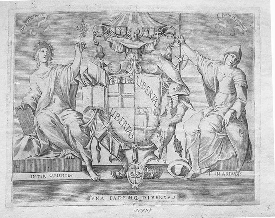 Stemma di Bologna tra Scienza e Forza (stampa) di Valesio Giovanni Luigi (secc. XVI/ XVII)