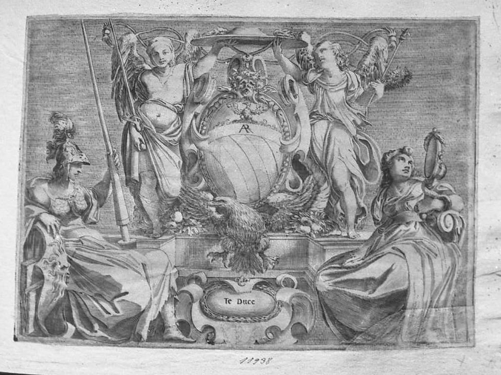 Stemma del cardinale Pompeo Arrigoni tra Fortezza e Prudenza (stampa smarginata) di Valesio Giovanni Luigi (secc. XVI/ XVII)