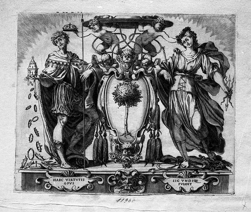 Stemma di un cardinale Facchinetti (Antonio?) tra due figure allegoriche (stampa) di Valesio Giovanni Luigi (secc. XVI/ XVII)