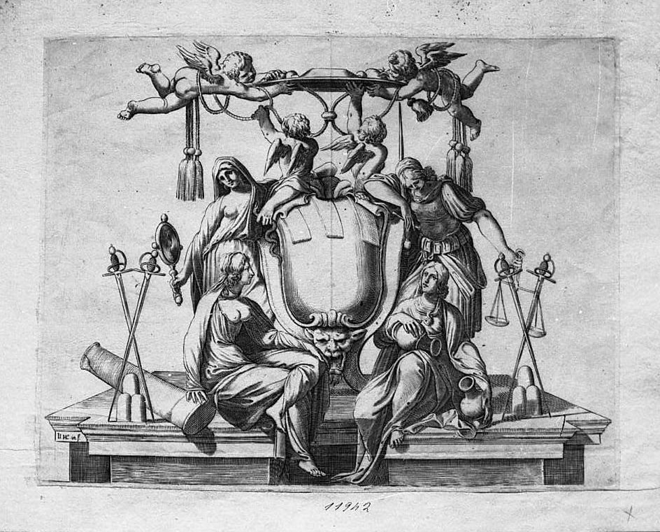 Stemma del cardinale Ludovisi tra Prudenza, Giustizia, Fortezza e Temperanza (stampa) di Valesio Giovanni Luigi (secc. XVI/ XVII)