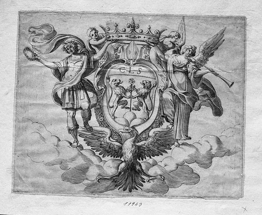 Stemma di un principe vescovo tra Amore e Fama (stampa smarginata) di Valesio Giovanni Luigi (secc. XVI/ XVII)