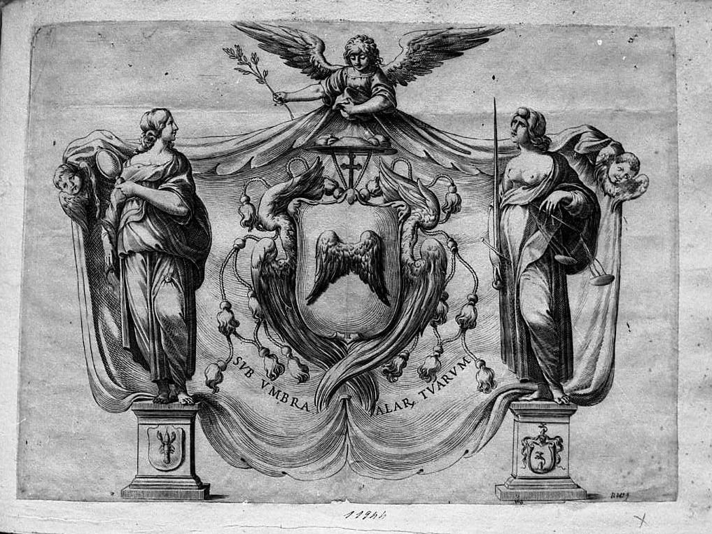 Stemma del cardinale Sarnuti? tra Prudenza e Giustizia (stampa smarginata) di Valesio Giovanni Luigi (secc. XVI/ XVII)