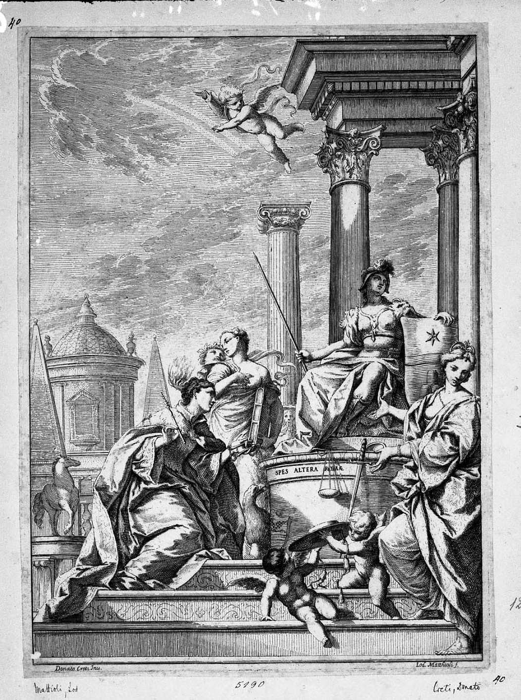 Allegoria: Le virtù della famiglia Albani (stampa) di Creti Donato, Mattioli Lodovico (sec. XVIII)