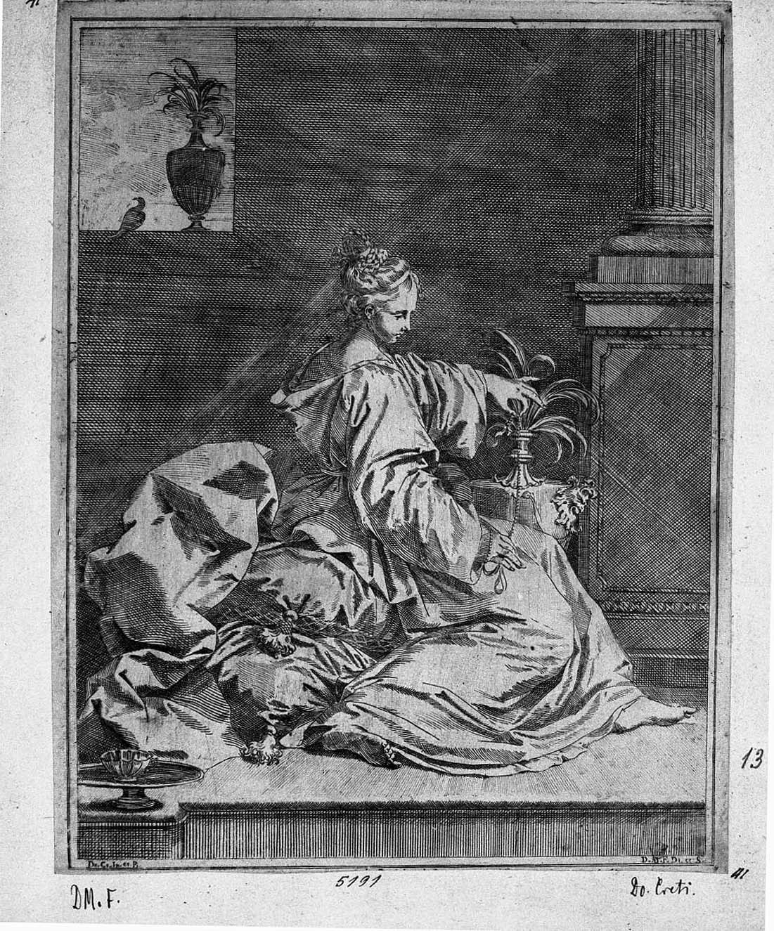 Donna seduta su cuscini (stampa tagliata) di Creti Donato, Fontana Domenico Maria (sec. XVIII)
