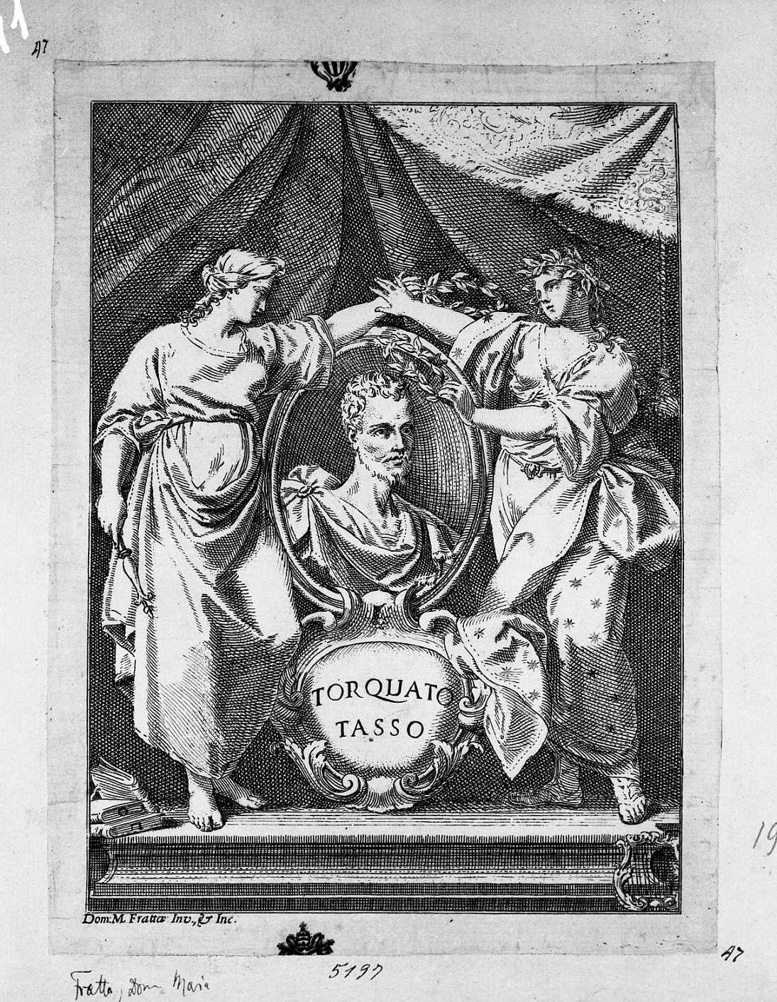 Il ritratto di Torquato Tasso (stampa tagliata) di Fratta Domenico Maria (sec. XVIII)