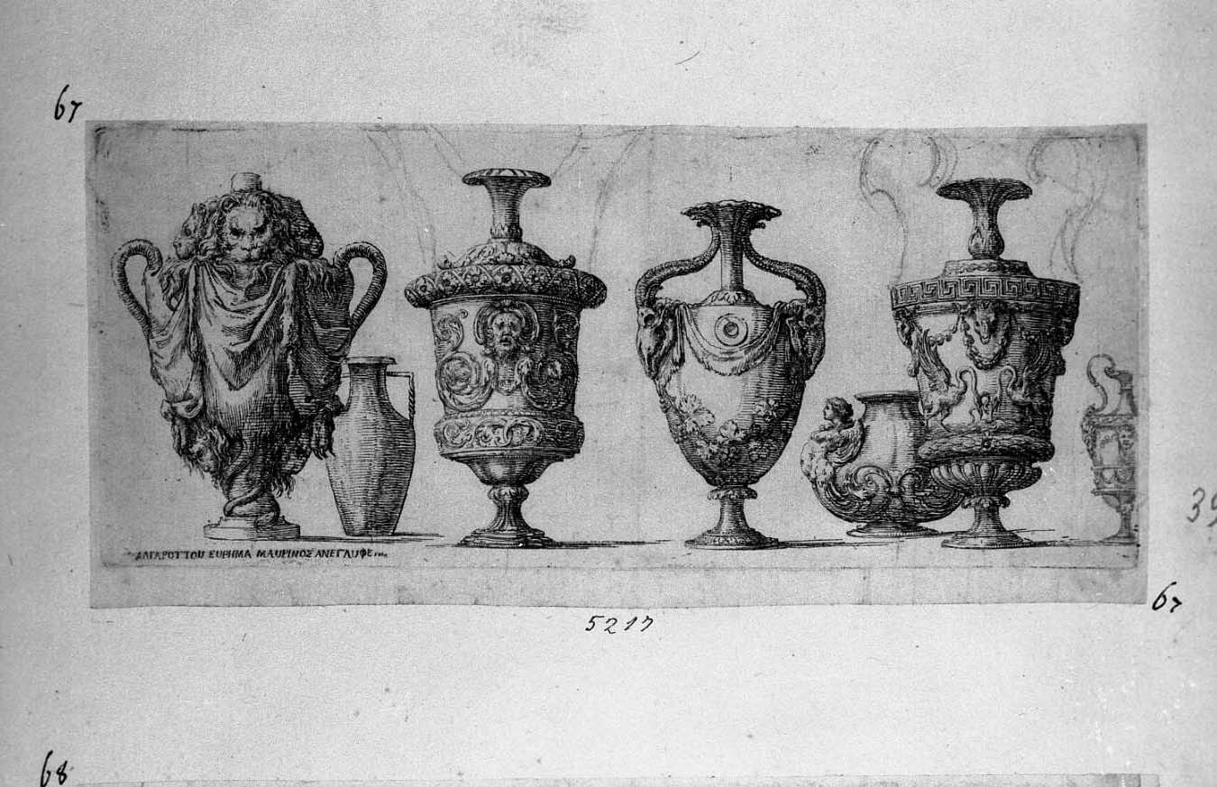 Sette vasi antichi in grotteschi (stampa) di Tesi Mauro, Della Bella Stefano (sec. XVIII)
