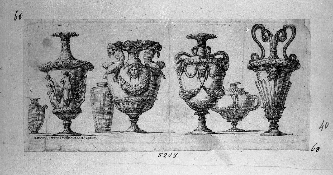 Sette vasi antichi con figure allegoriche (stampa) di Tesi Mauro (sec. XVIII)