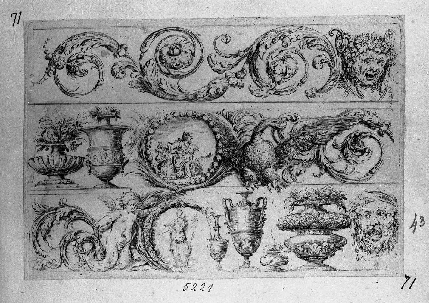 Ornato con vasi antichi e col ratto d'Europa (stampa) di Tesi Mauro (sec. XVIII)