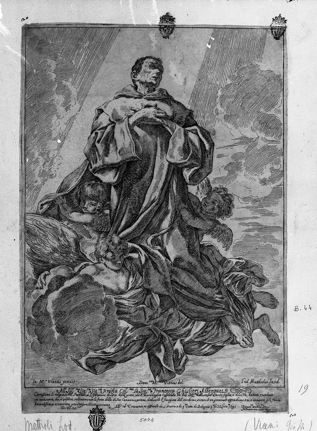 San Giovanni di Dio trasportato in cielo (stampa tagliata) di Mattioli Lodovico, Viani Domenico Maria (sec. XVII)