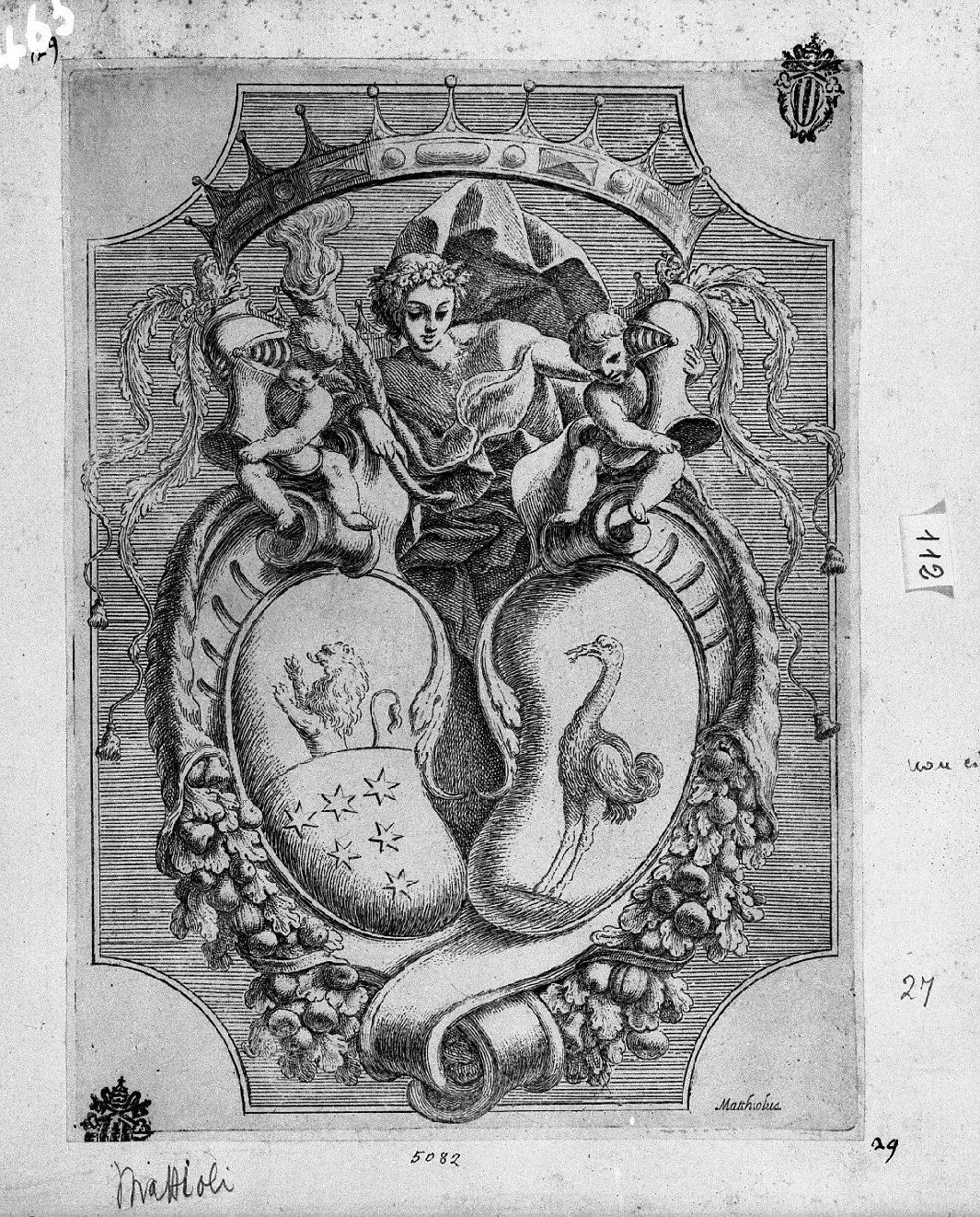 Stemma equestre con cigno (stampa) di Mattioli Lodovico (sec. XVIII)