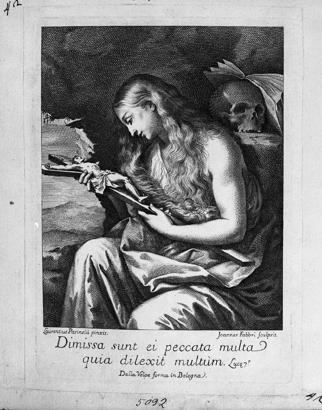 La Maddalena che contempla il Crocifisso (stampa) di Fabbri Giovanni, Pasinelli Lorenzo (sec. XVIII)