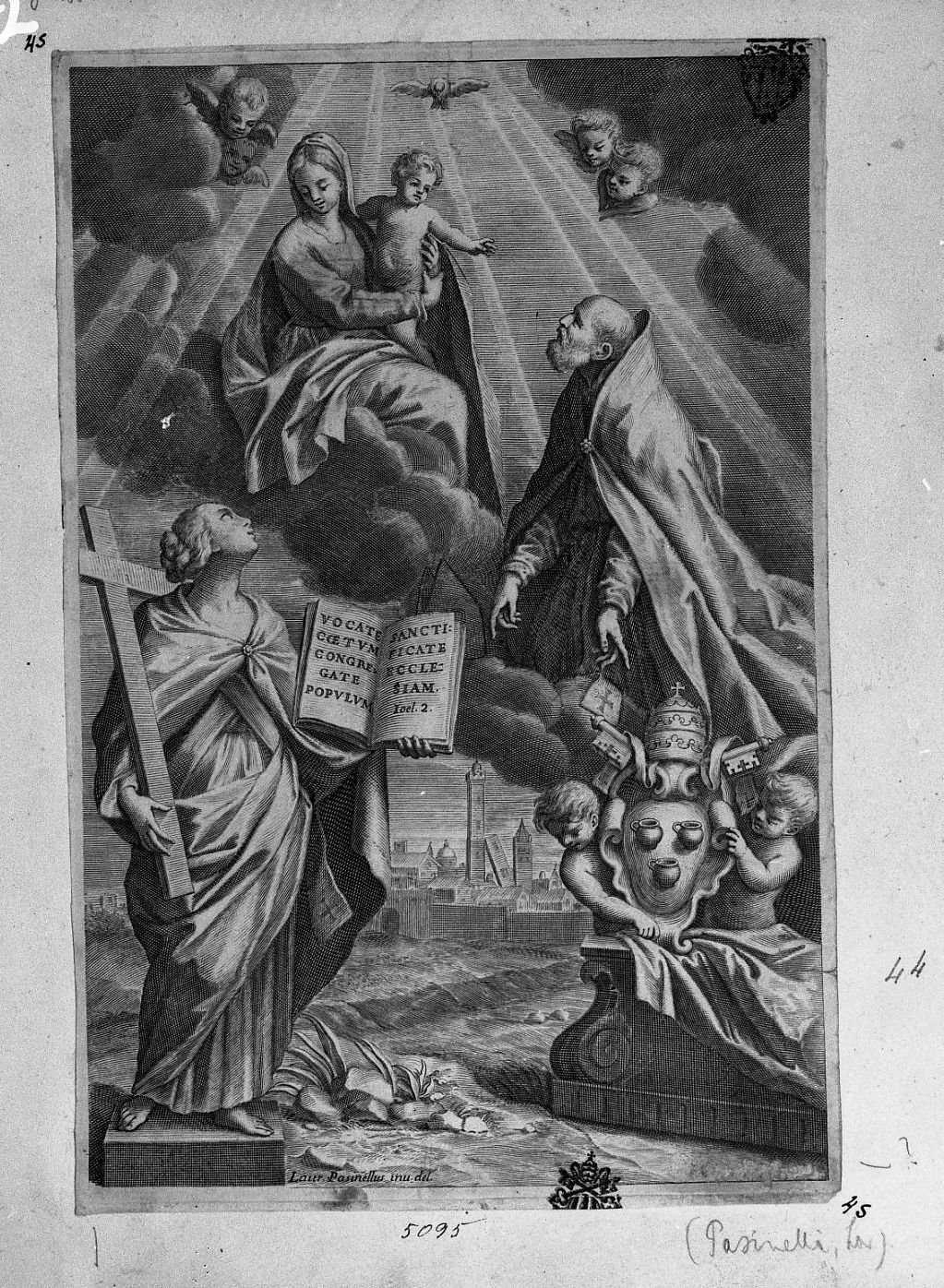 San Petronio invoca la protezione della Madonna sulla Chiesa bolognese in occasione del Sinodo del 1698 (stampa) di Pasinelli Lorenzo, Francia Francesco Domenico Maria (secc. XVII/ XVIII)