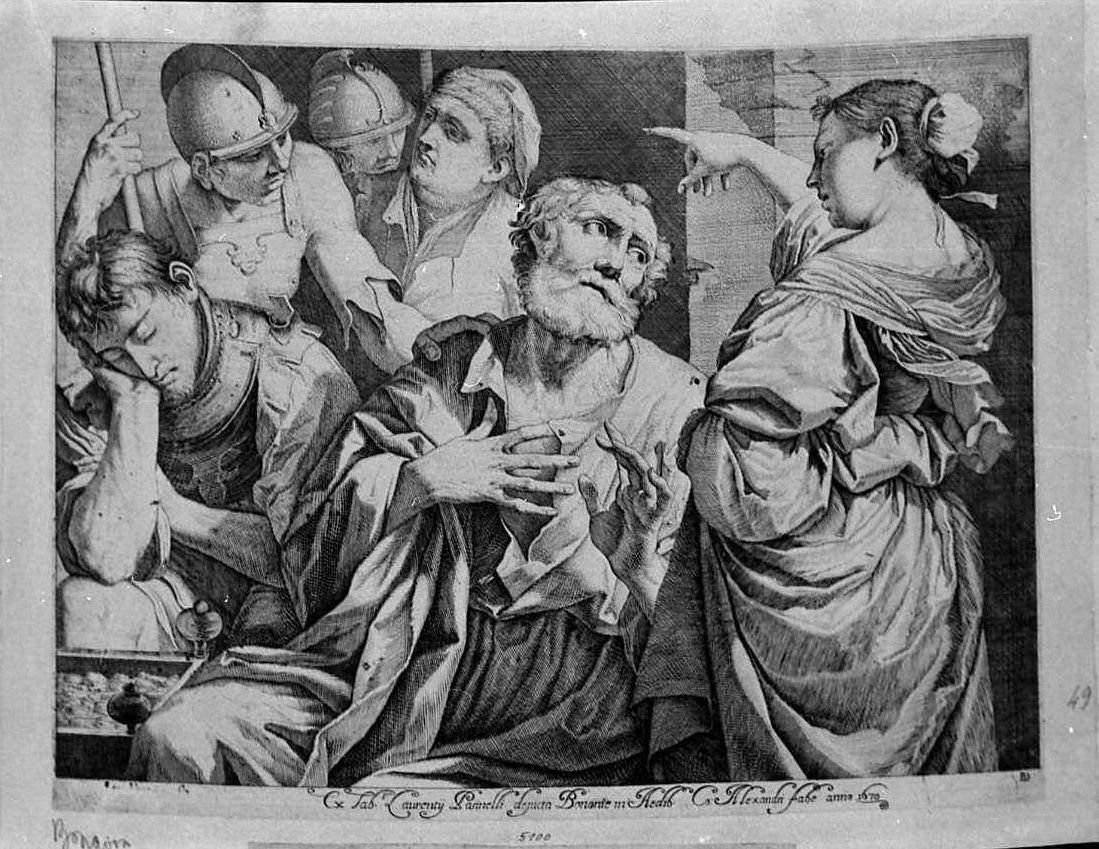 San Pietro nega di conoscere Cristo (stampa tagliata) di Pasinelli Lorenzo, Bonaveri Domenico Maria (sec. XVII)