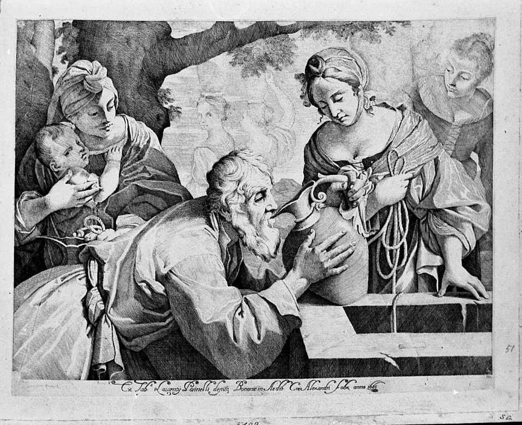 Rebecca che porge da bere ad Abramo (stampa tagliata) di Pasinelli Lorenzo, Bonaveri Domenico Maria (sec. XVII)