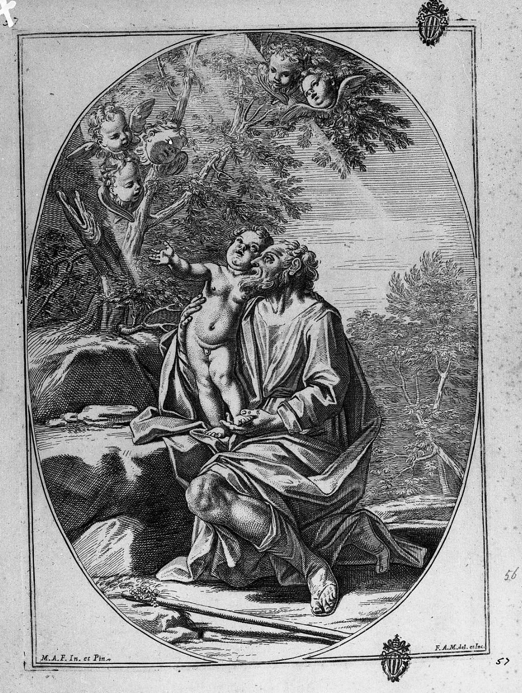 San Giuseppe inginocchiato col Bambino (stampa) di Franceschini Marcantonio, Meloni Francesco Antonio (secc. XVII/ XVIII)
