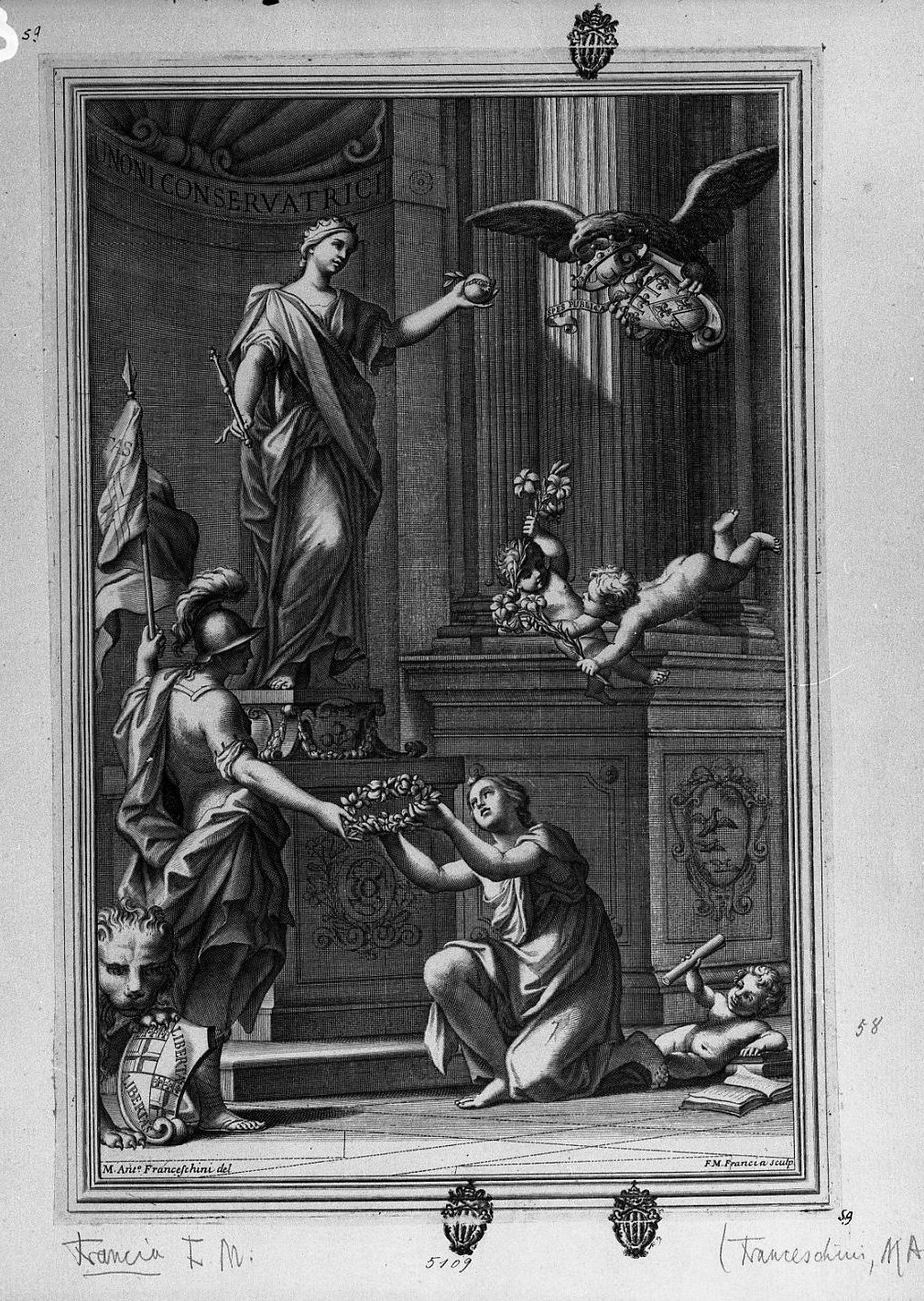 Scena allegorica (stampa) di Franceschini Marcantonio, Francia Francesco Domenico Maria (secc. XVII/ XVIII)