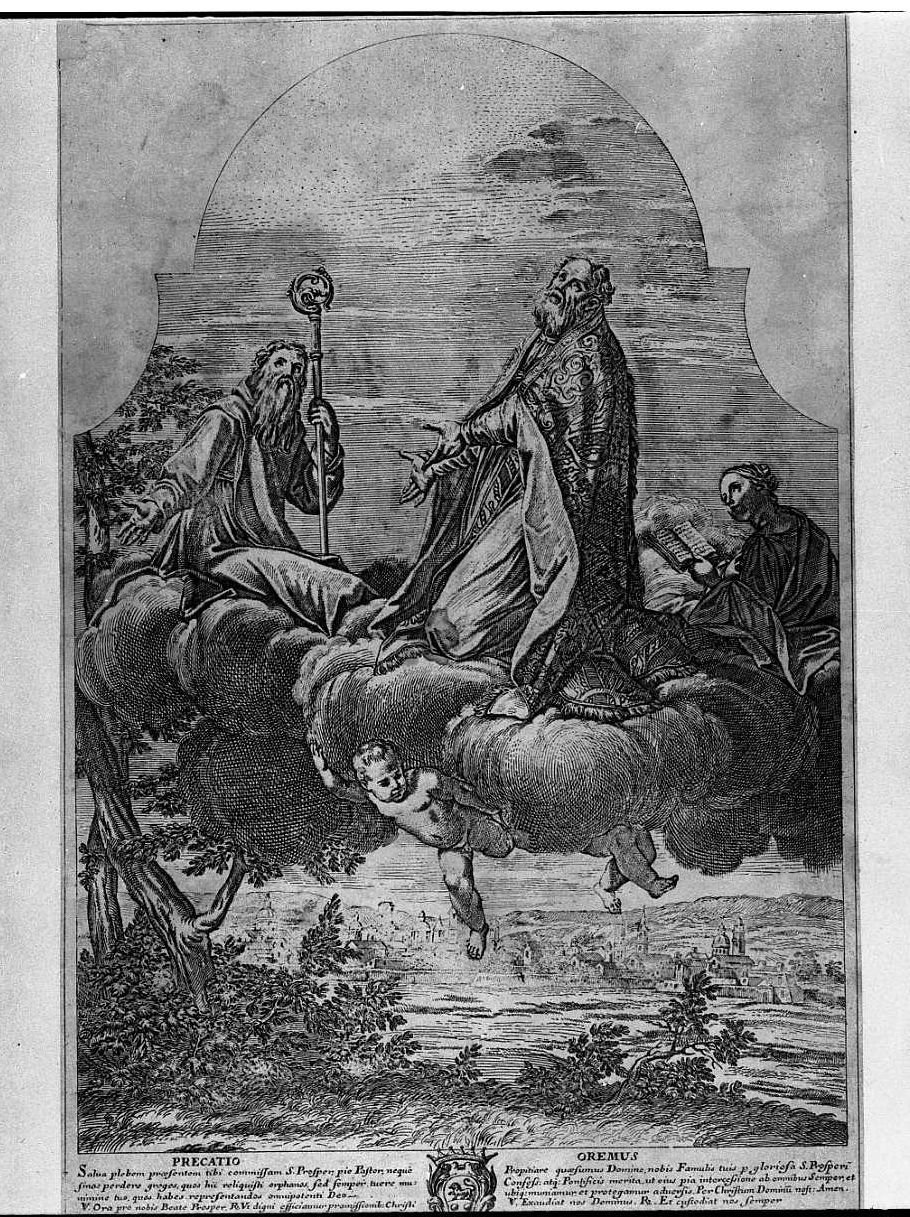 San Prospero in gloria (stampa smarginata) di Franceschini Marcantonio, Meloni Francesco Antonio (secc. XVII/ XVIII)