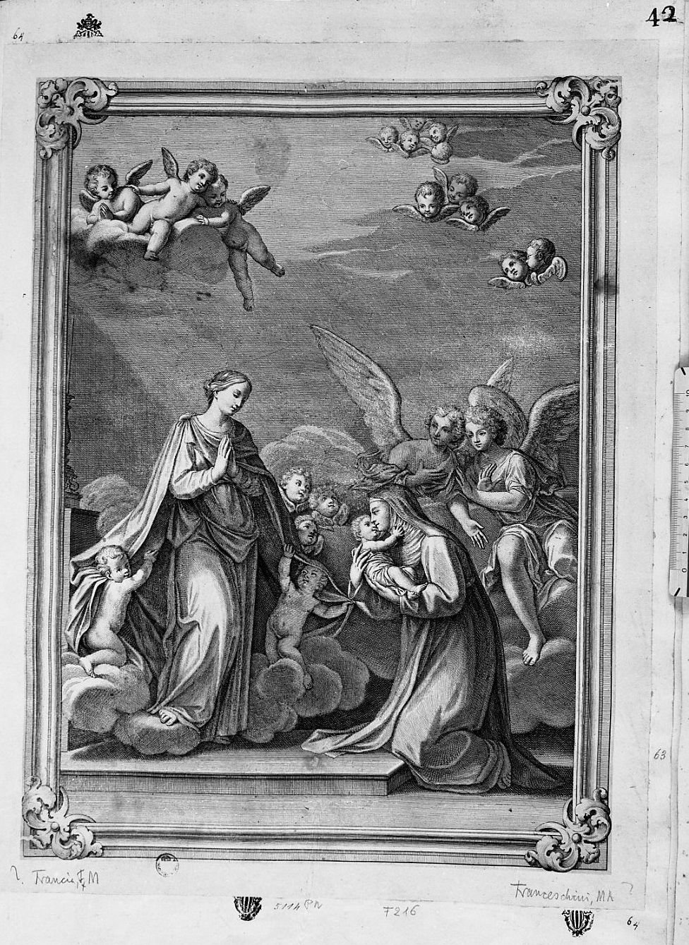 Santa Caterina col Bambino in braccio inginocchiata davanti alla Vergine (stampa smarginata) di Franceschini Marcantonio, Francia Francesco Domenico Maria (secc. XVII/ XVIII)