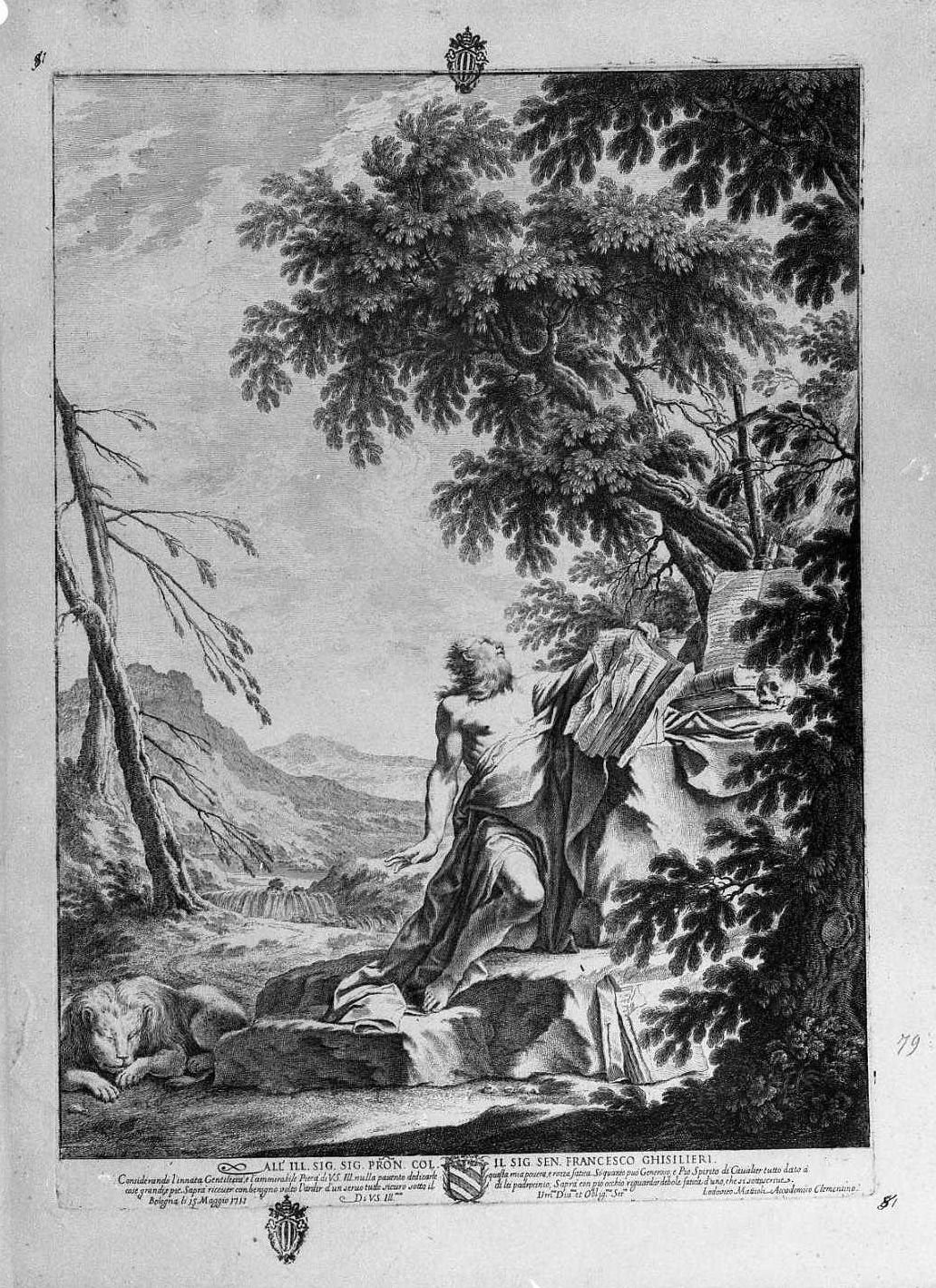 San Girolamo in orazione davanti al crocifisso (stampa) di Crespi Giuseppe Maria detto Spagnolo, Mattioli Lodovico (sec. XVIII)