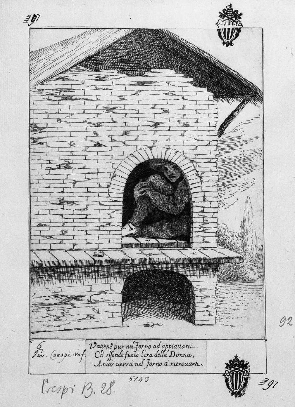 6. Bertoldo entro il forno (stampa smarginata) di Mattioli Lodovico, Crespi Giuseppe Maria detto Spagnolo (sec. XVIII)