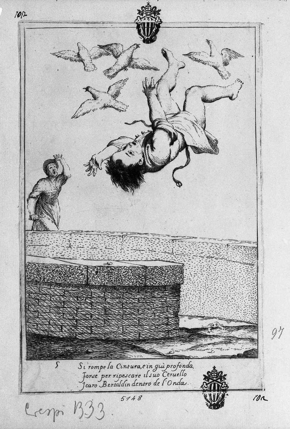 5. Bertoldino cade dall'alto (stampa) di Mattioli Lodovico, Crespi Giuseppe Maria detto Spagnolo (sec. XVIII)