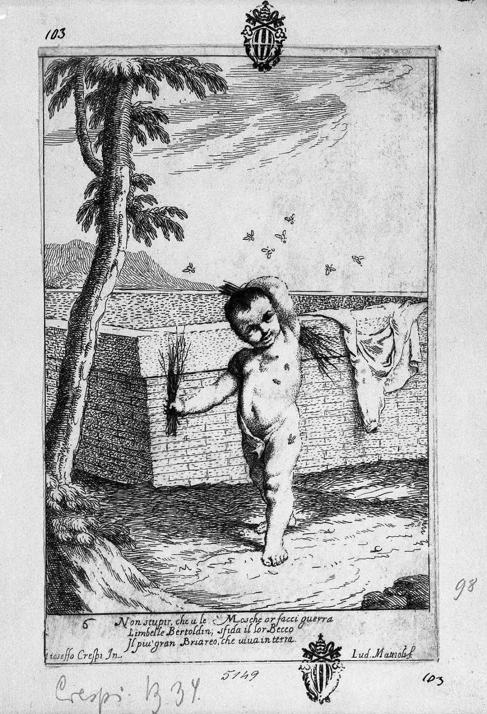 6. Bertoldino nudo assalito dalle mosche (stampa smarginata) di Mattioli Lodovico, Crespi Giuseppe Maria detto Spagnolo (sec. XVIII)