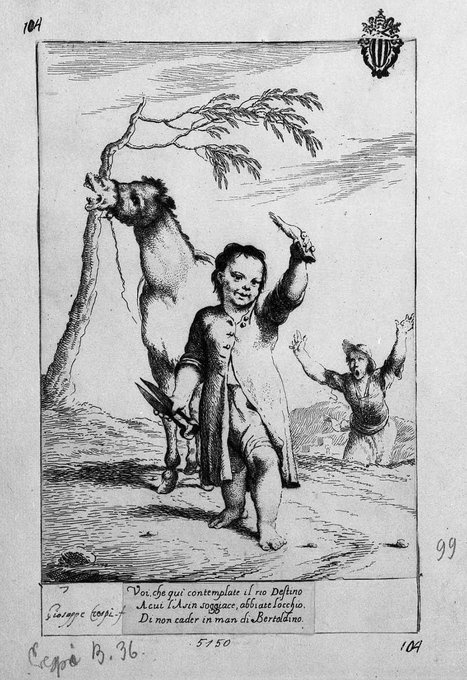 8. Bertoldino ha cavato un dente all'asino (stampa smarginata) di Mattioli Lodovico, Crespi Giuseppe Maria detto Spagnolo (sec. XVIII)