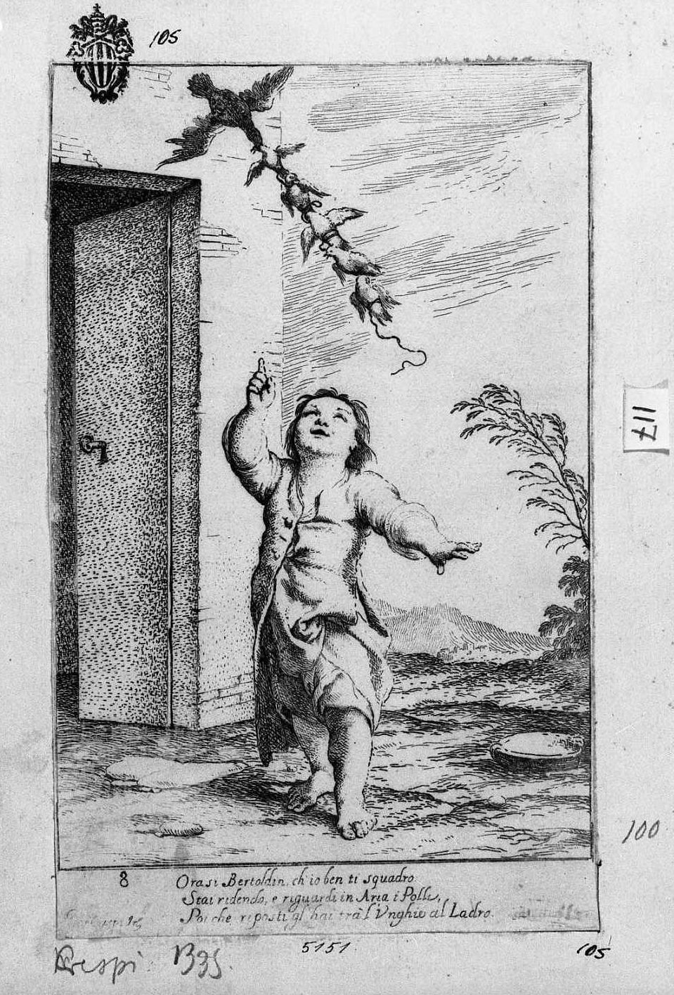 7. Bertoldino guarda in aria i polli legati (stampa smarginata) di Mattioli Lodovico, Crespi Giuseppe Maria detto Spagnolo (sec. XVIII)