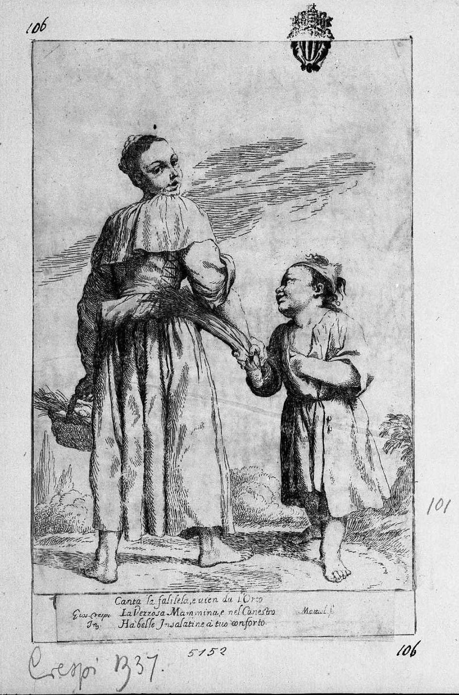 1. Meneghina e Cacasenno (stampa smarginata) di Mattioli Lodovico, Crespi Giuseppe Maria detto Spagnolo (sec. XVIII)