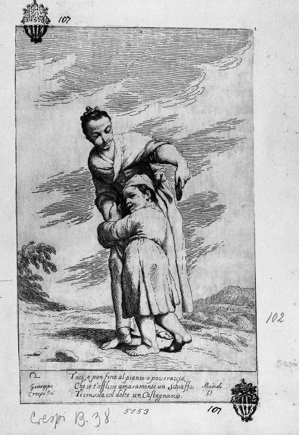 2. Meneghina e Cacasenno con un castagnaccio (stampa smarginata) di Mattioli Lodovico, Crespi Giuseppe Maria detto Spagnolo (sec. XVIII)