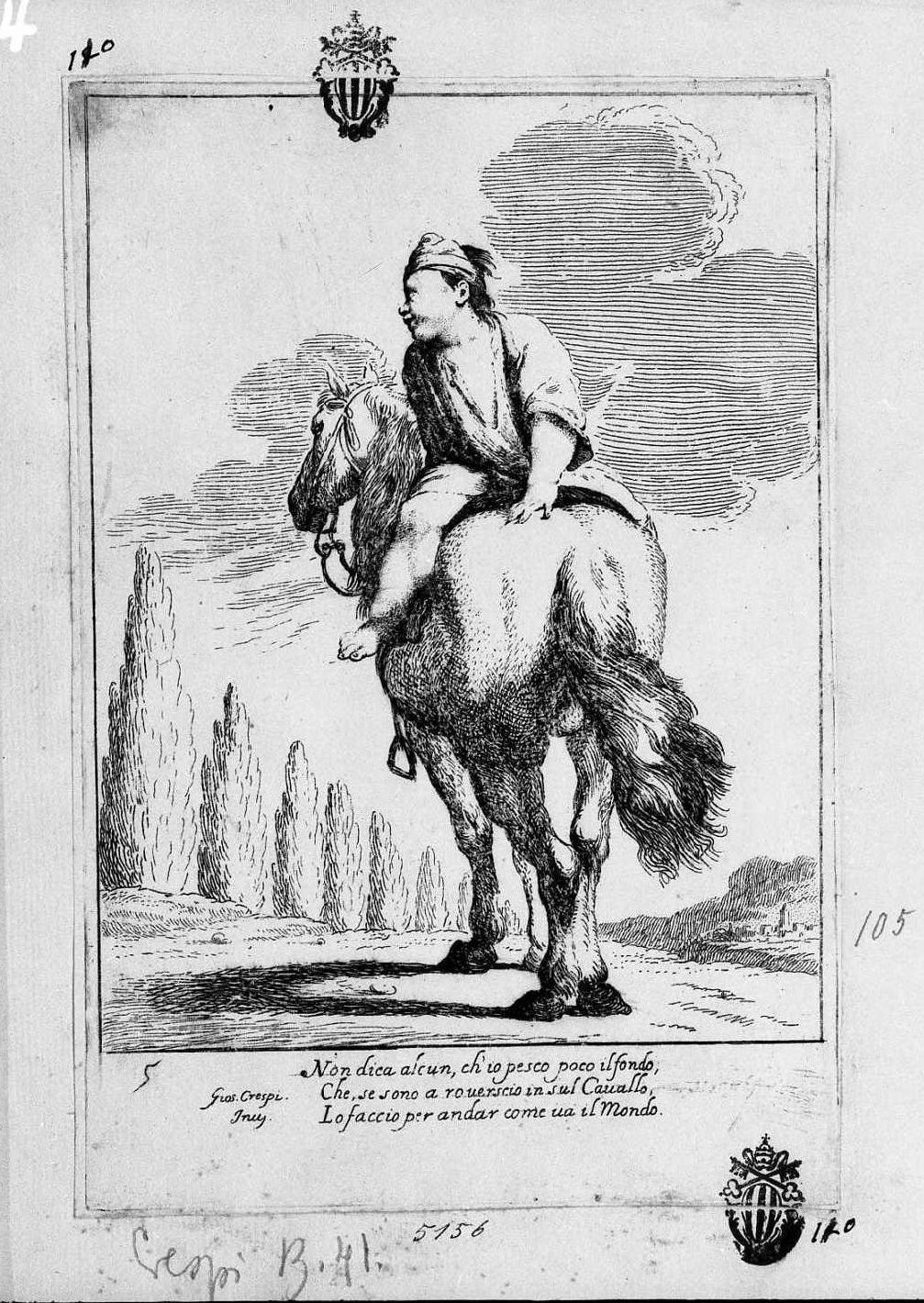 Cacasenno cavalca alla rovescia (stampa) di Mattioli Lodovico, Crespi Giuseppe Maria detto Spagnolo (sec. XVIII)