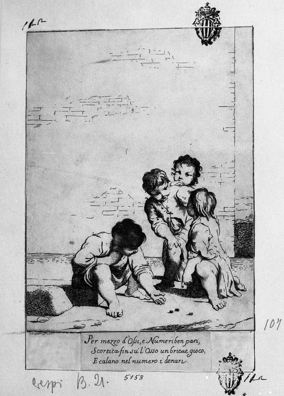 Bambini che giocano ai dadi (stampa smarginata) di Crespi Giuseppe Maria detto Spagnolo (sec. XVIII)
