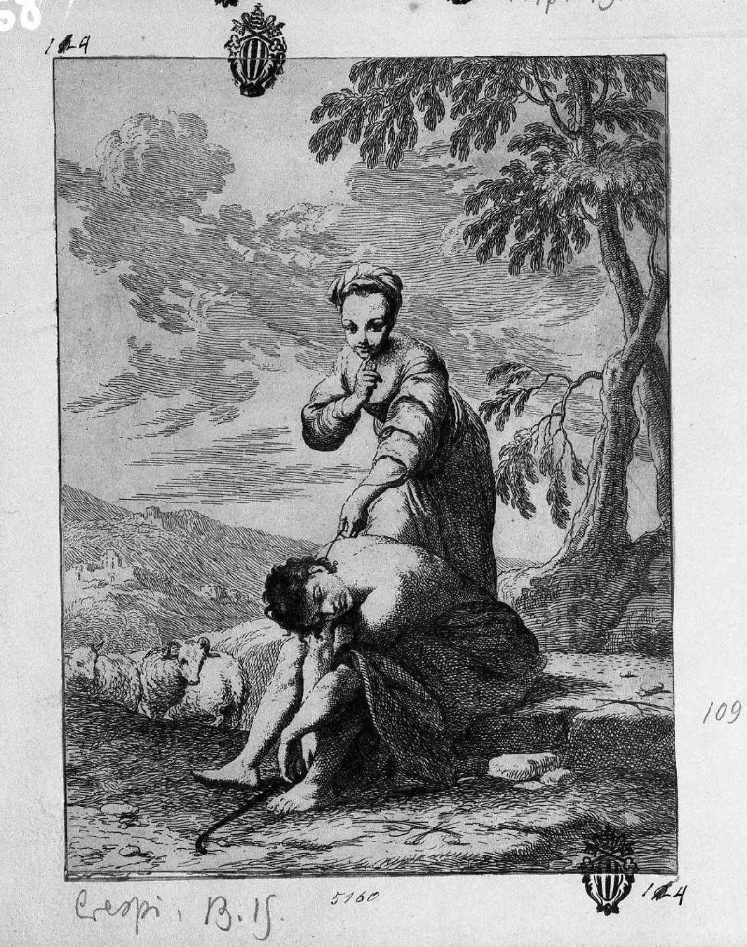 Fanciulla fa il solletico ad un pastore addormentato (stampa smarginata) di Crespi Giuseppe Maria detto Spagnolo (attribuito) (sec. XVIII)